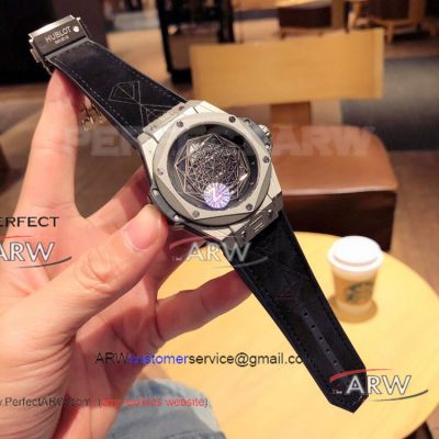 Perfect Replica Hublot Big Bang Sang Bleu Silver Case Geometric Pattern Dial Mens Watches 